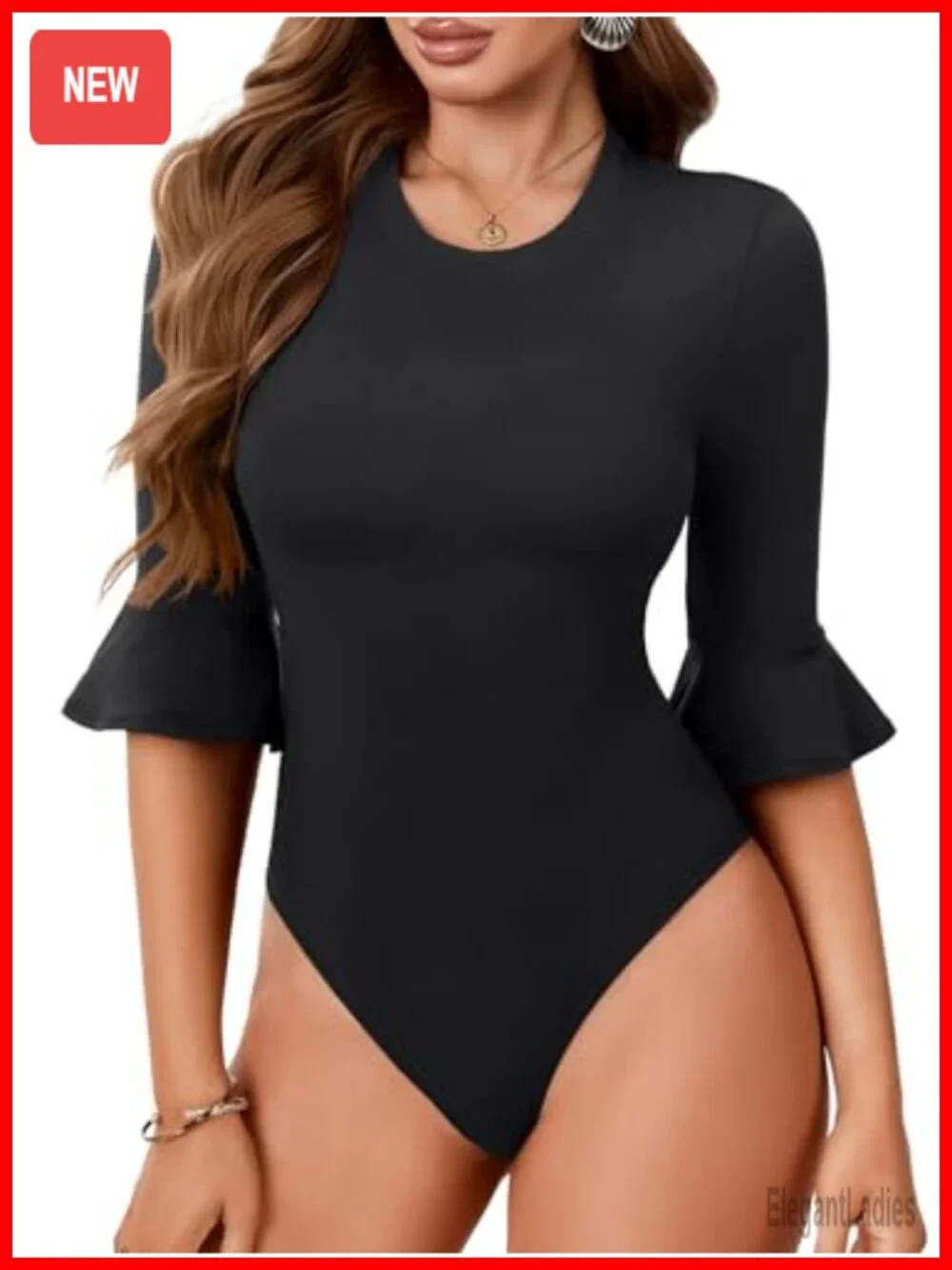 Women's Sexy 3/4 Flounce Sleeve Bodysuit Top Casual Round Neck Going Out Blouse